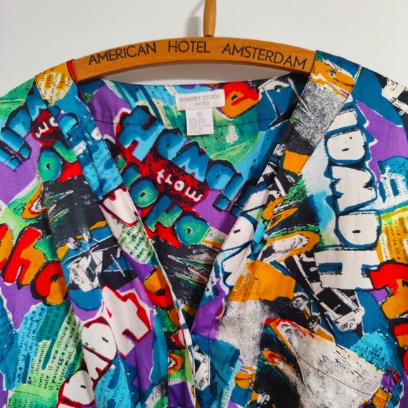 silk 80s oversized luxury V neck   regal Hawaii slick button front blouse L - Picture 9 of 9